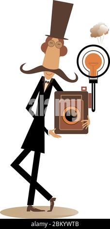 Mustache retro photographer illustration. Cartoon long mustache photographer in the top hat makes a photo using an old stile camera isolated on white Stock Vector