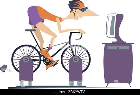 Cyclist trains at home on the exercise bike illustration. Cyclist rides on exercise bike in front of TV or computer isolated on white Stock Vector