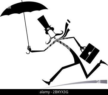 Windy day and man with umbrella isolated illustration. Funny mustache man in the top hat holds umbrella and a bag black on white Stock Vector