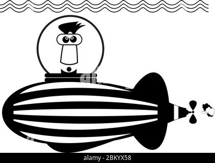 Funny man sailings on the submarine illustration. Cartoon man sailings on the submarine black on white Stock Vector