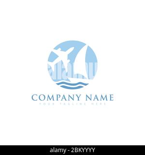 Travel logo design concept with airplane and sail boat in negative space technique design. Travel agency logo design vector illustration Stock Vector