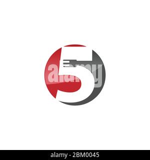 Circle logo concept with number 5 and fork in negative space design style image vector illustration Stock Vector