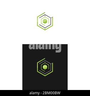 Abstract hexagon technology concept logo design image on black and white background Stock Vector