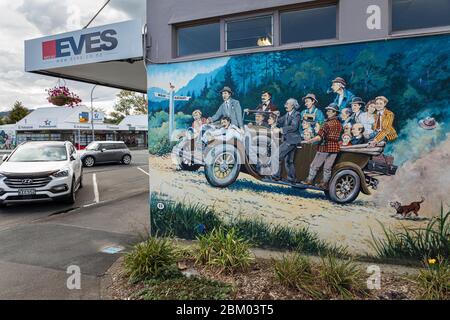 Open air art - one of the many murals in Katikati, known as the mural town of New Zealand. Overload by Peter Nicholson. Stock Photo