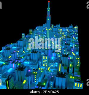 Top view of a neon cityscape made of toy bricks at night with city lights. Aerial view 3D illustration in isometric perspective on black background. Stock Photo