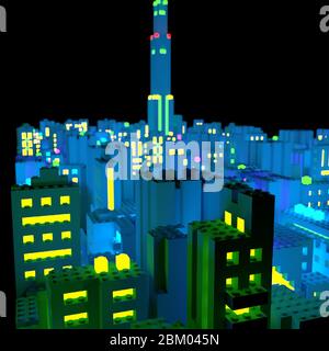 close up of a neon city of plastic bricks at night. Aerial view 3D illustration in isometric perspective on black background. Stock Photo