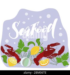 Set of lobster, lemons and leaflets on a blue background in vector graphics. For designing menus, prints for dishes, signboards, notebook covers Stock Vector