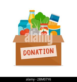 Grocery food in a donation box on white background, food drive and volunteering concept Stock Vector