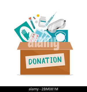 Medical equipment donation during coronavirus covid-19 pandemic, donation box filled with medicines, surgical gloves and face masks, solidarity concep Stock Vector