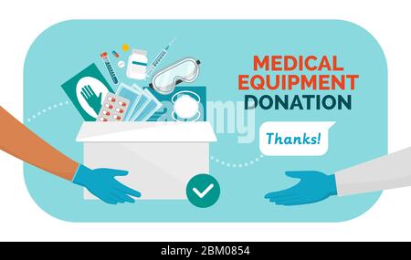 Medical equipment donation during coronavirus covid-19 pandemic, volunteer holding a donation box filled with medicines, surgical gloves and face mask Stock Vector
