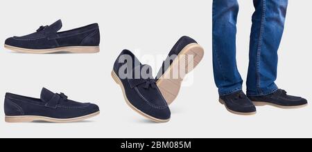 Men's summer suede blue loafers with laces and beige soles. isolated on a white background.Summer men's style. Men's classic style. Stock Photo