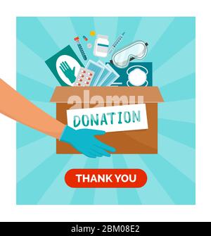 Medical equipment donation during coronavirus covid-19 pandemic, volunteer holding a donation box filled with medicines, surgical gloves and face mask Stock Vector
