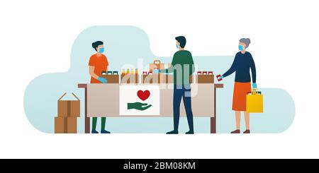 Volunteer distributing food to people during coronavirus covid-19 epidemic, food donation and solidarity concept Stock Vector