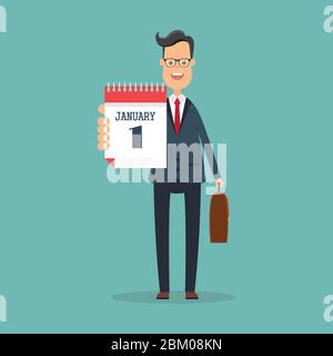 Businessman in blue suit hold a calendar on his hand. Vector illustration in flat design. Stock Vector