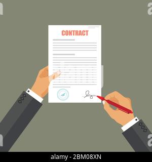 Businessman sign agreement paper document . A person signs a contract. Partnership, cooperation, agreement concept. Stock Vector