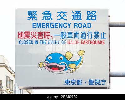 A road sign indicating emergency evacuation route after earthquake or tsunami in Tokyo, Japan. Stock Photo