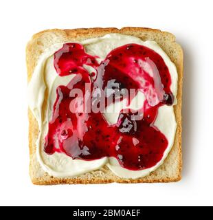 toasted bread slice with cream cheese and jam isolated on white background, top view Stock Photo