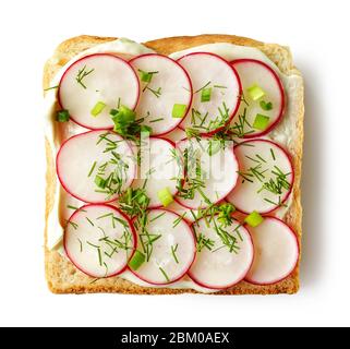 toasted bread slice with cream cheese and radish isolated on white background, top view Stock Photo