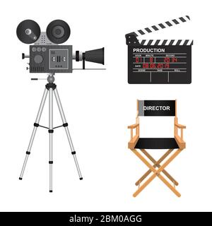 Retro cinema projector, clapper board and director chair vector illustration isolated on white background Stock Vector