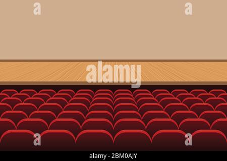 Theatre hall with rows of red seats and wooden stage vector illustration Stock Vector