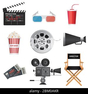 Cinema 3D icons. Clapper board, megaphone, movie tickets, director chair, soda cup, popcorn, reel, retro projector vector illustration Stock Vector