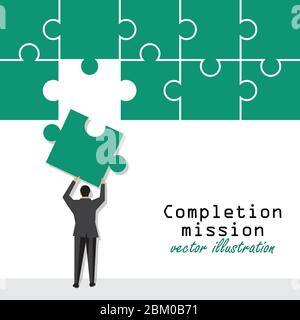 Completion mission concept. Businessman putting last puzzle in jigsaw. Successful implementation of plan. Vector illustration in flat design. Stock Vector