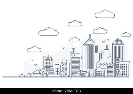 City panorama. Vector thin line city landscape with high skyscraoers Stock Vector