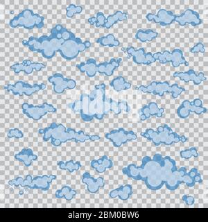 Set of cartoons clouds in different shapes isolated on blue background. Vector illustration in flat design. Stock Vector
