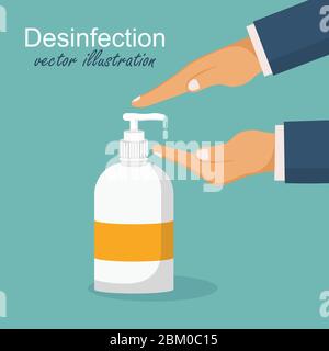 Desinfection concept. Man washing hands. Vector illustration in flat design. Applying a moisturizing sanitizer. Stock Vector