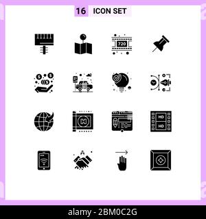 16 Thematic Vector Solid Glyphs and Editable Symbols of car, investment, movie, commission, pin Editable Vector Design Elements Stock Vector