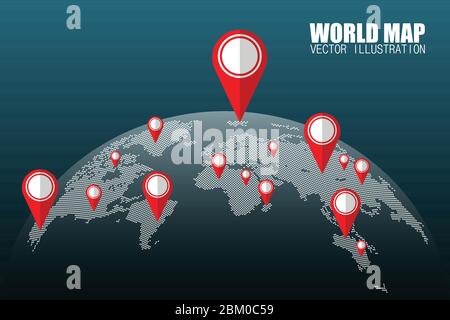 Dots world map with pins vector illustration isolated. Dots that indicate location on map Stock Vector