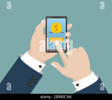 Donate online concept. Gold coin and donate button on smartphone screen. Human hand holding smartphone. Vector illustration in flat design Stock Vector