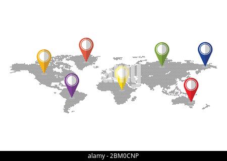 Dots world map with pins vector illustration isolated. Dots that indicate location on map Stock Vector