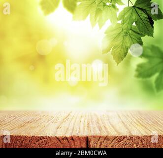 Background of green leaves and wooden table, summer or spring season. Background natural green plants landscape, ecology. Stock Photo