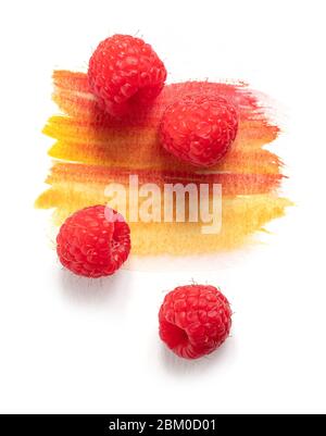 fresh raw raspberries on watercolor paint isolated on white background, top view Stock Photo