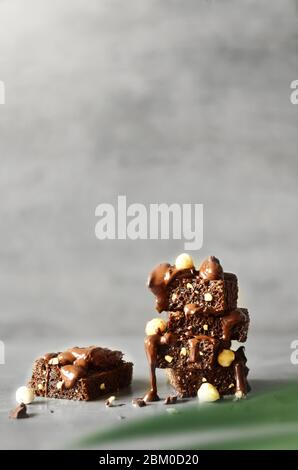 Stack of a brownie pieces with hazelnut on a grey table with gray background and palm leaf. Stock Photo