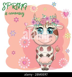 A cute cartoon couple of cow and bull in flowers with beautiful big eyes. Symbol of the year 2021 according to the Chinese calendar. Children's Stock Vector