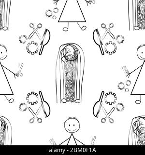 Vector messy hair and beard figures Covid 19 seamless pattern. Funny stick men and women drawing with outgrown styles due to self isolation Stock Vector