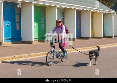Bournemouth, Dorset UK. 6th May 2020. UK weather: lovely warm sunny day with temperatures rising ready for the long bank holiday weekend.  Beaches are mainly deserted with people taking their permitted exercise at the seaside, most adhering to the Coronavirus guidelines.  Woman cyclist cycling along promenade with dog on lead past beach huts - riding bike bicycle. Credit: Carolyn Jenkins/Alamy Live News