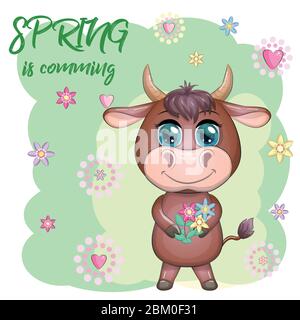 A cute cartoon couple of cow and bull in flowers with beautiful big eyes. Symbol of the year 2021 according to the Chinese calendar. Children's Stock Vector