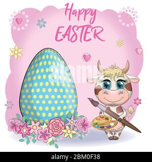 Cute cartoon cow, a bull with an Easter egg, next to a basket of eggs, symbol 2021 on the eastern calendar. Stock Vector