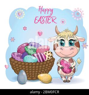 Cute cartoon cow, a bull with an Easter egg, next to a basket of eggs, symbol 2021 on the eastern calendar. Stock Vector