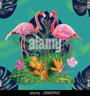 Trendy seamless pattern pink flamingo birds couple. Bright camelia flowers. Tropical monstera green leaves. Stock Vector
