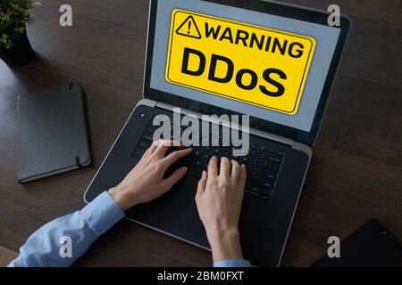 DDoS attack detection message. Virus and Hacking. Cyber security and internet concept Stock Photo
