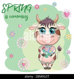 A cute cartoon couple of cow and bull in flowers with beautiful big eyes. Symbol of the year 2021 according to the Chinese calendar. Children's Stock Vector