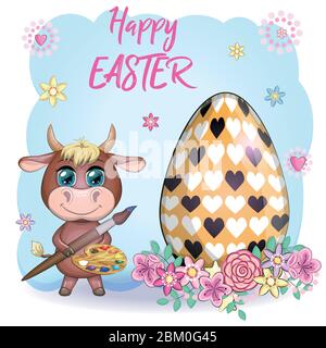 Cute cartoon cow, a bull with an Easter egg, next to a basket of eggs, symbol 2021 on the eastern calendar. Stock Vector