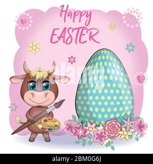 Cute cartoon cow, a bull with an Easter egg, next to a basket of eggs, symbol 2021 on the eastern calendar. Stock Vector