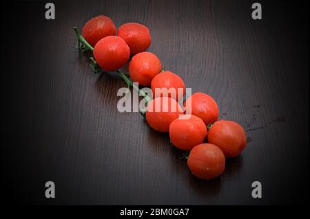 Fresh cherry or mini tomatoes on a branch on a table. Low key tomatoes. Stock Photo