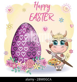 Cute cartoon cow, a bull with an Easter egg, next to a basket of eggs, symbol 2021 on the eastern calendar. Stock Vector