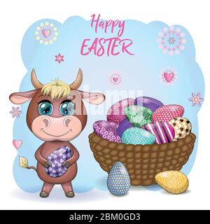 Cute cartoon cow, a bull with an Easter egg, next to a basket of eggs, symbol 2021 on the eastern calendar. Stock Vector